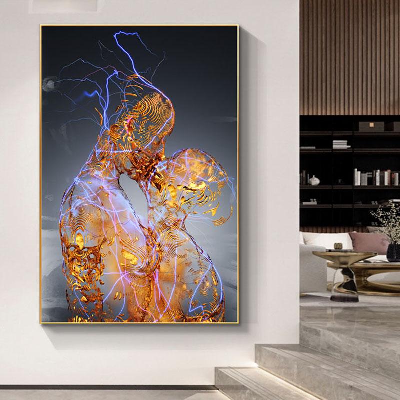 Moderní Abstraktní Zlaté Kovové Portréty Obrazy Líbání milenci Malba na plátně Nástěnné Umění Plakáty a grafiky Obývací pokoj Home Decor