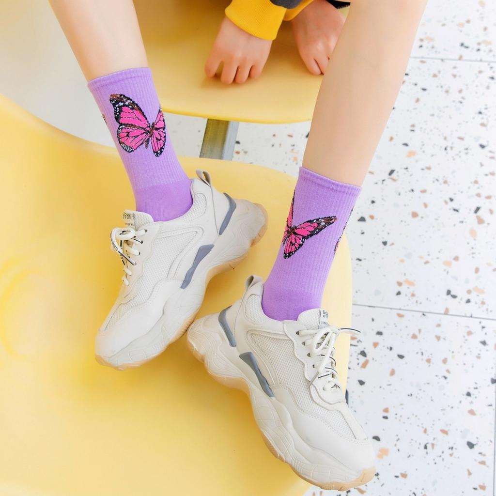 Ladies' Butterfly Printed Socks - Soft, Comfortable, and Trendy Candy Colors  Fashionable Street and Sports Socks, Suitable for All Seasons