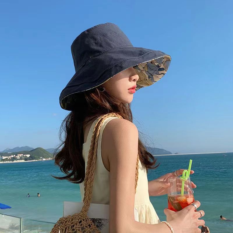 Japanese double-sided flower hat female summer big edge face covering cotton and linen bucket hat sunshade sunscreen ultraviolet sun hat