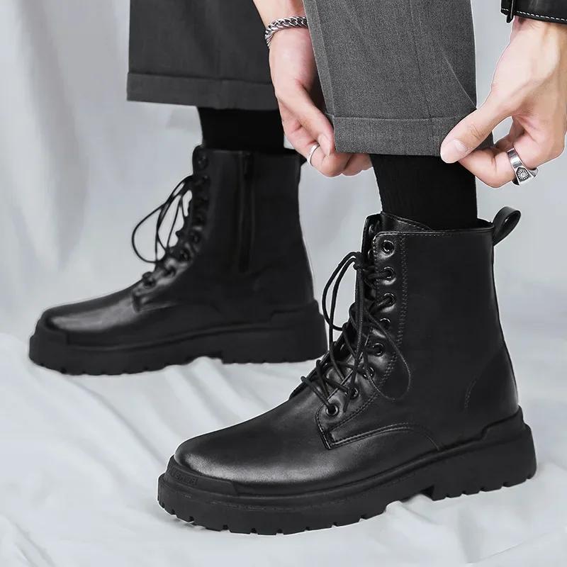 Men Qora Teri Botinkalar Yangi Britancha Uslub Yuqori Qo'shimcha Moda Ish Botinkalari Ochiq Havoda Ko'cha Modasi Chelsea Erkaklar Poyafzali Qulay Qisqa