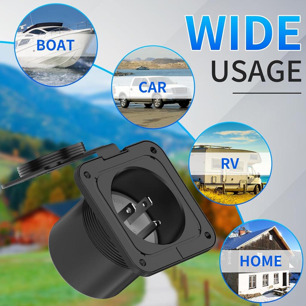 Gniazdo wejściowe 15A, 125V do zasilania z brzegu z wodoodporną klapką, 2-biegunowe 3-przewodowe gniazdo męskie do połączeń elektrycznych na łodzi, w zastosowaniach morskich