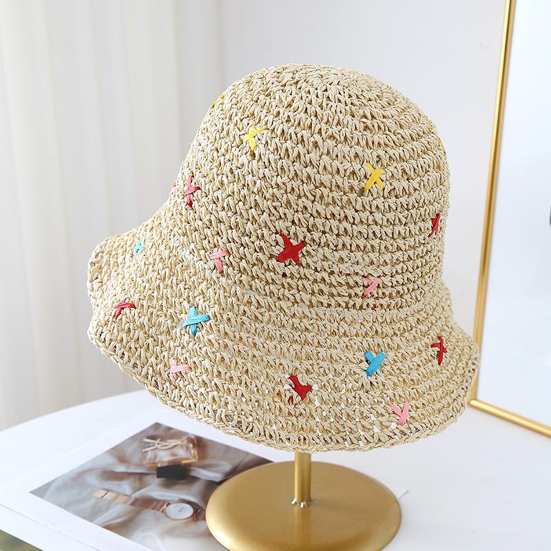 Sweet Color Woven Straw Hat Women's Summer Seaside Beach Hollow Crochet Sunscreen Hat Vacation Big Brim Sun Hat