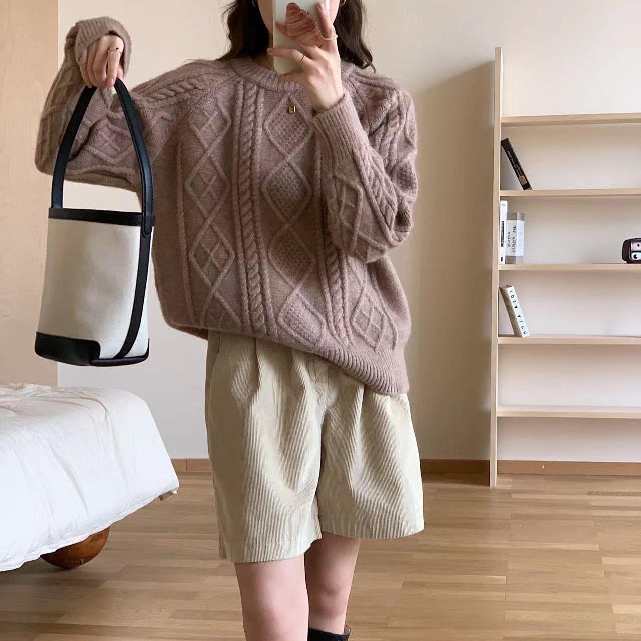 Винтажный утолщенный пуловер, женский осенне-зимний однотонный универсальный свободный вязаный свитер с круглым вырезом для верхней одежды One Size кофейный