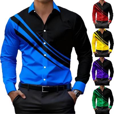 Herren Langarmhemden, Business Casual Hemden, Herren Revers Knopf Colorblock Knopfhemden