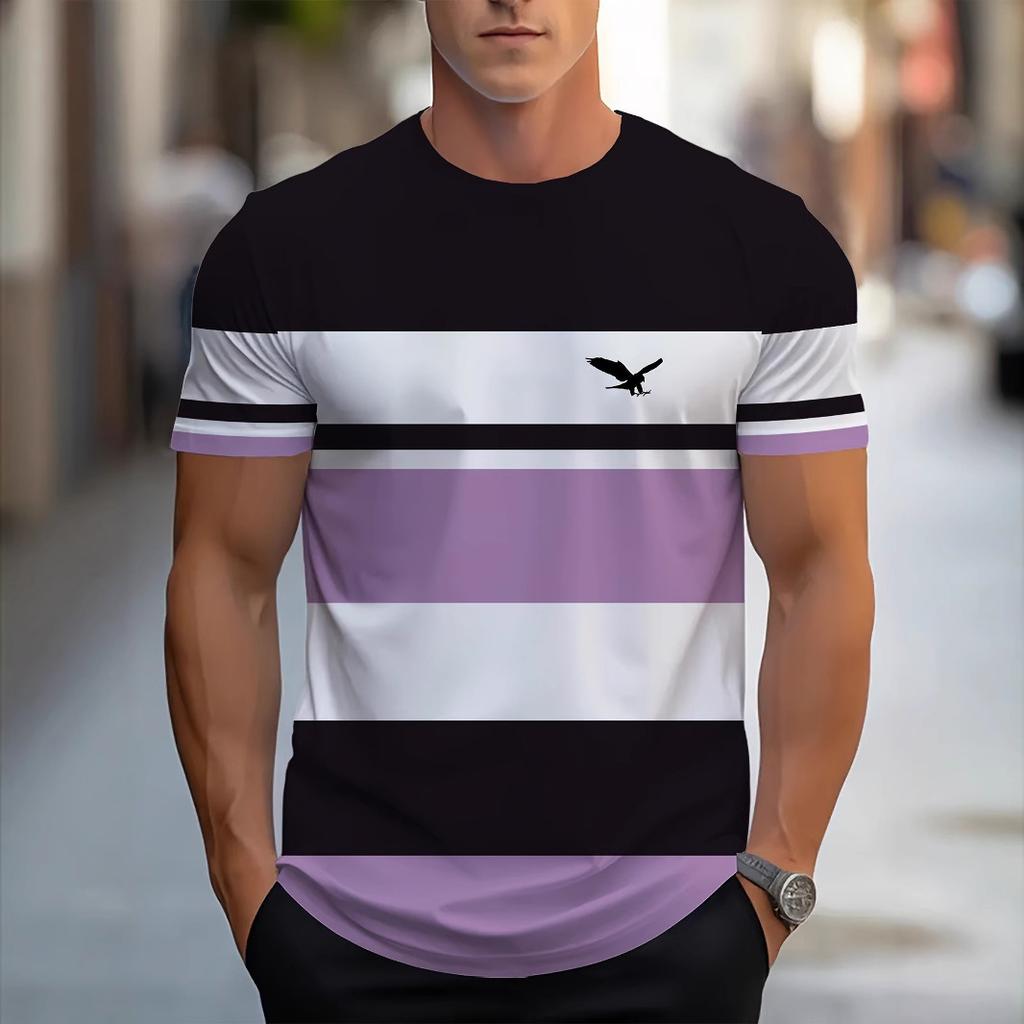 3D digital printed color striped men's casual and comfortable loose men's short sleeved shirt