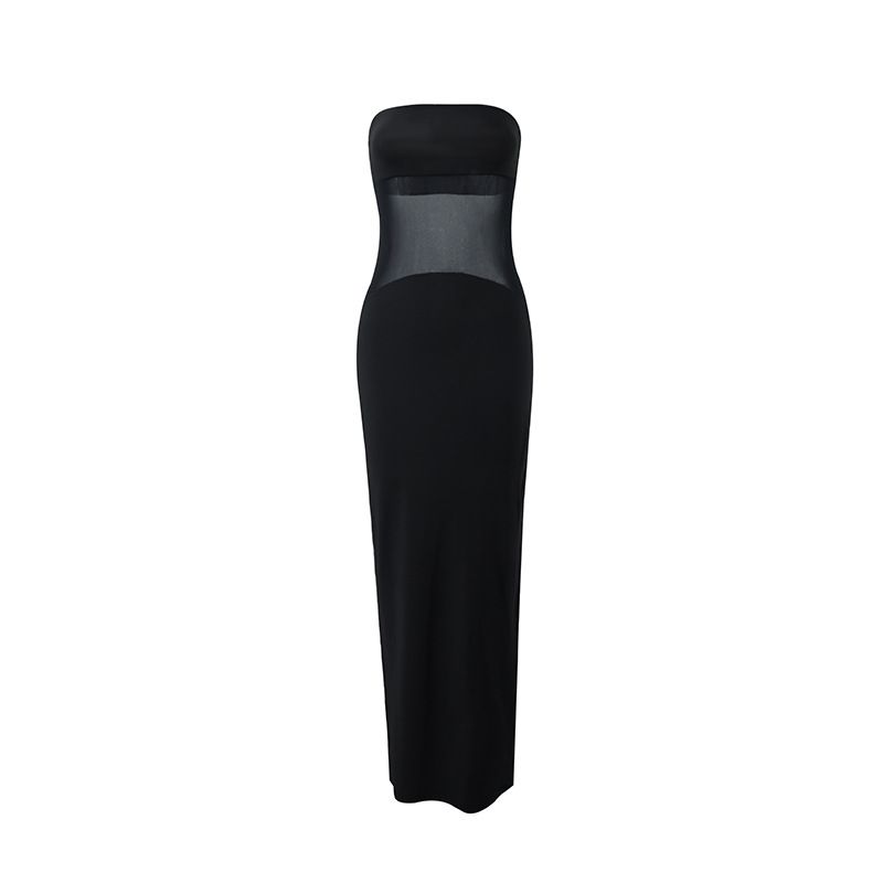 Outfitgirl Elegant Sexy Women's Black See-through Mesh Patchwork Party Tube Top Tight S-Curve Dress