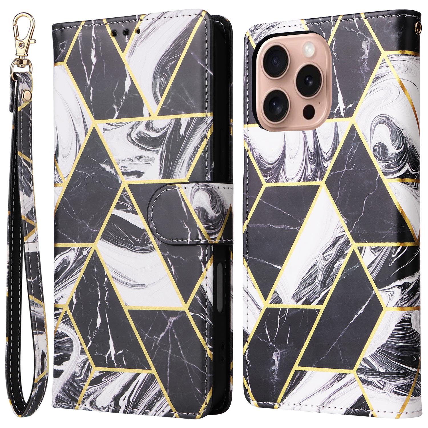 

For iPhone 16 Pro Case Lacquered Leather Phone Shell Marble Pattern Design Black