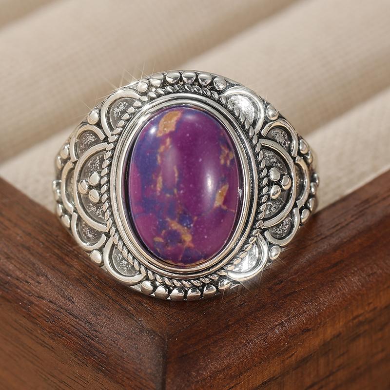 Ethnic CopperColor Inlaid Imitation of Purple Lapis Lazuli Women's Ring Geometry Daily Wear Party Jewelry