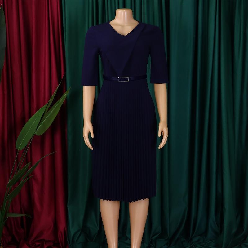 Women Plus Size V Neck Solid Color Short Sleeve High Waist Pleated A Line Dress
