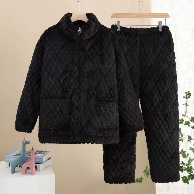 Three-Layer Fleece-Lined Quilted Winter Pajama Set for Elderly Women - Warm Coral Fleece Home Wear & Outerwear