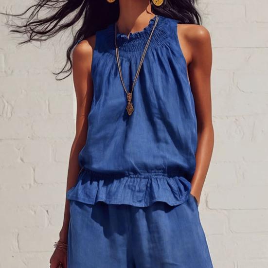 2 Stück/Set Sommer Damen Outfit Western-Stil Vintage Bohemian Rüschen Baumwoll-Leinen Anzug Mode Lockerer Anzug