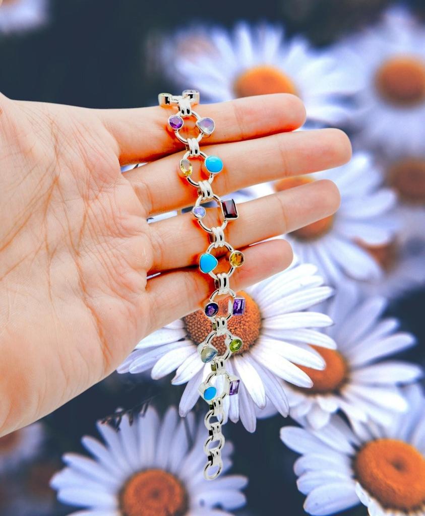Multi Gemstone Bracelet: Handmade 925 Sterling Silver Jewelry