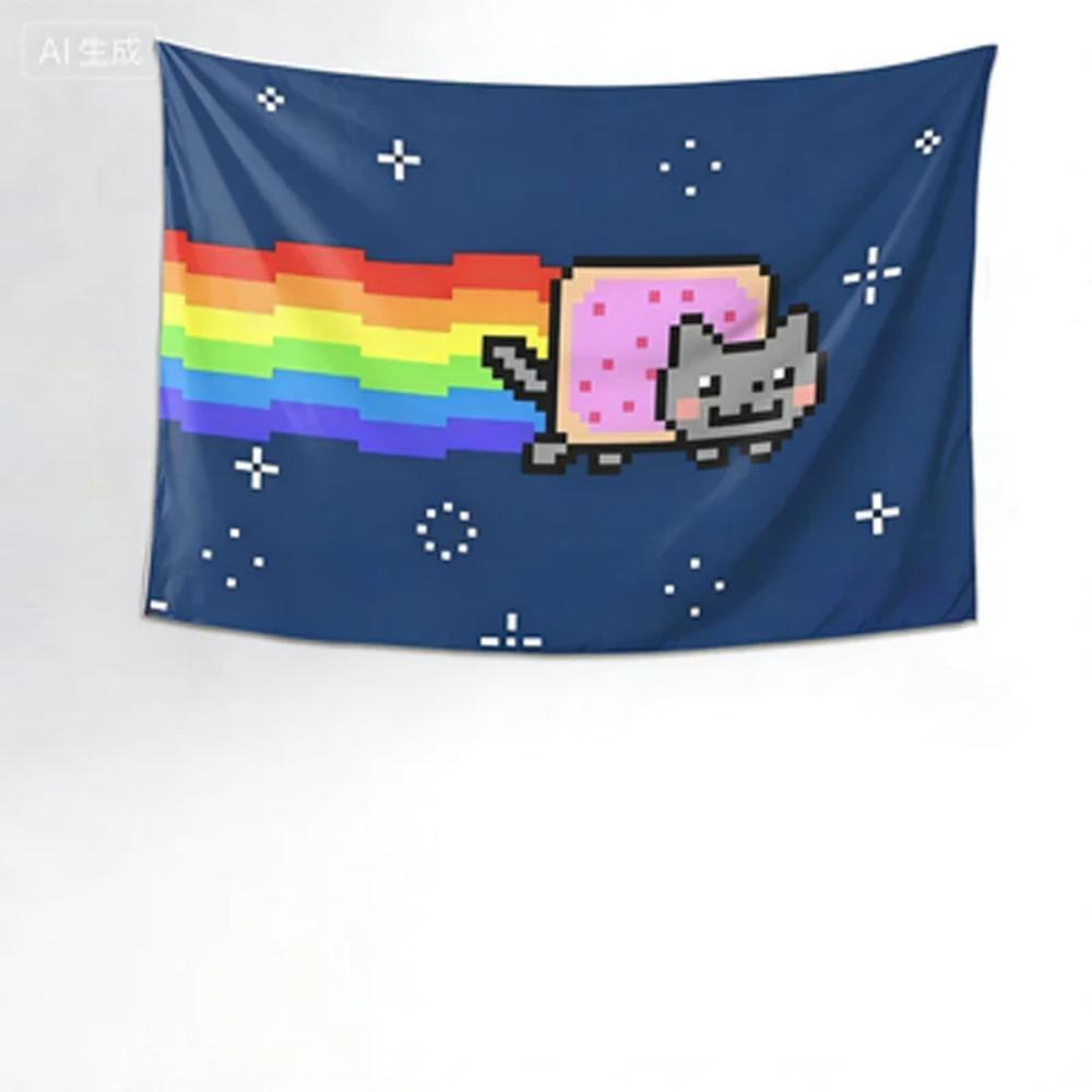 Nyan Cat Pixel Tapestry Multiple Sizes 2D Flat Print Retro 8 Bit Rainbow Cat Polyester Living Room Wall Decor Cute Nostalgia 74x94cm(29x37in)