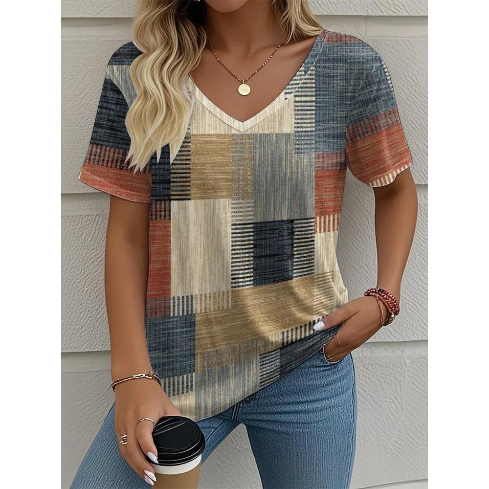 Summer plaid women's V-neck T-shirt outdoor casual short-sleeved top