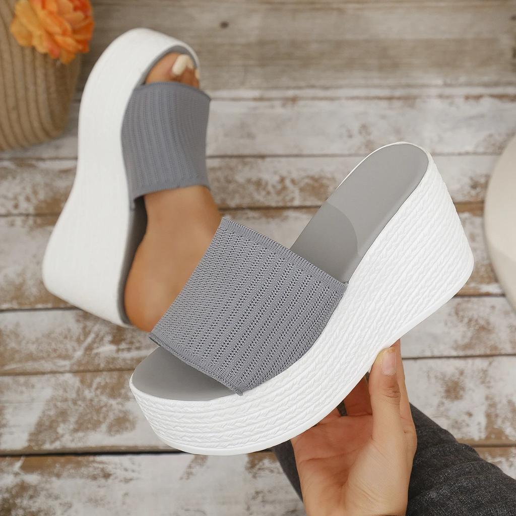 Fashion Elastic Fabric Chunky Platform Slippers for Women Thick Bottom Non Slip Summer Sandals Woman Fashion Wedge Heel Sandalias Mujer