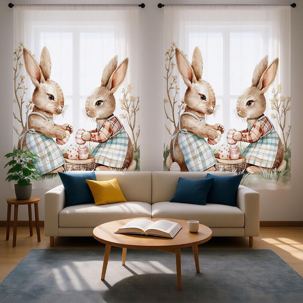 Single Panel Easter Bunny Curtain Rabbit Egg Pattern Pole Window Kids Room Spring Decor With Light Filtering Polyester