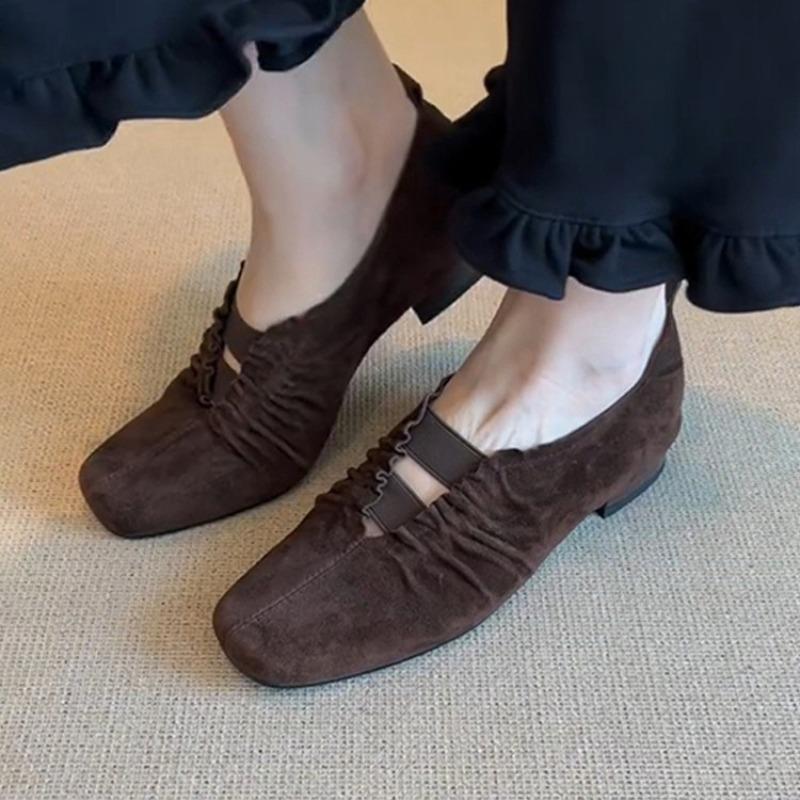 Retro Square-Toe Plissierte Einriemen Damen Vielseitige Einzelne Schuhe