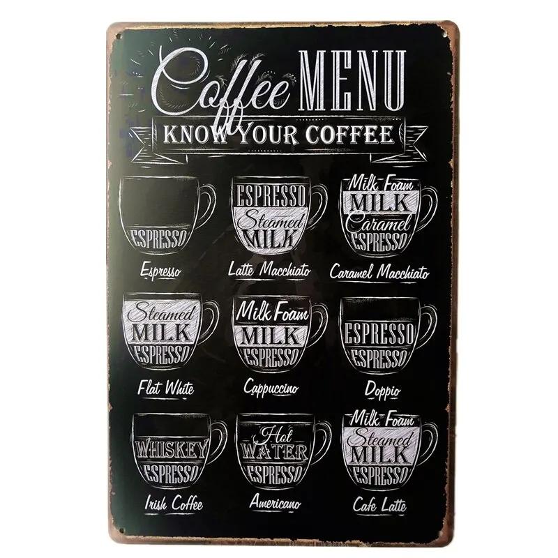 Vintage Shabby Chic Menù Caffè Segno in Latta di Metallo Retro Home Bar Caffè Pub Taverna Decorazione Murale Piatto Decorativo Poster per