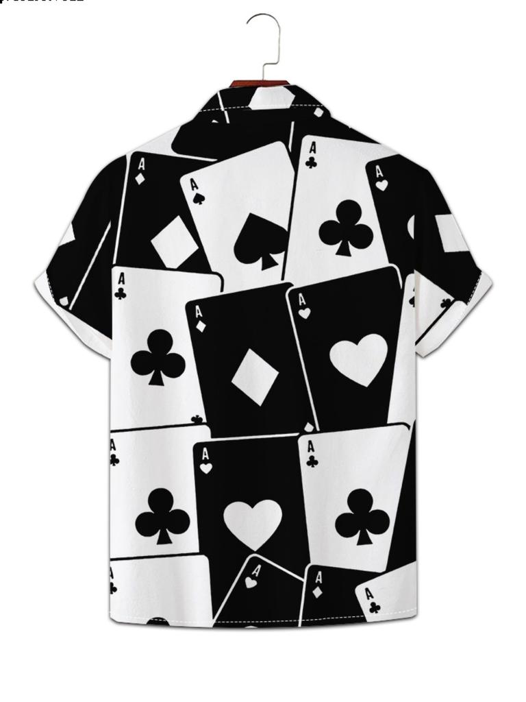 Men'S Fashion Poker Print Cuban Collar Shirt Summer Casual Loose Short Sleeve Shirt Trendy Versatile Top A Perfect Gift