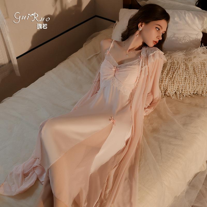 Women's Silky Mesh Push Up Padded Cami Sleep Dress with Robe Lounge Set