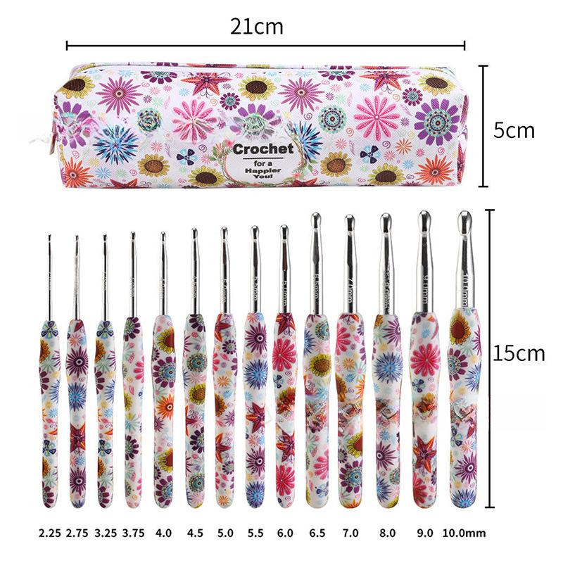 Soft Handle Printing Crochet Set 14 Pcs US Standard DIY Sweater Scarf Knitting Tool Pencil Case Packaging
