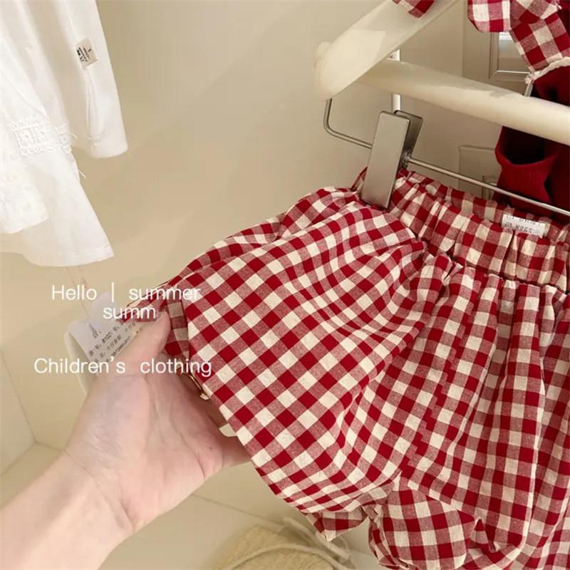 

Charming Kids Sleeveless Top And Short Pants Set Adorable Apparel For Summer Play Red Plaid Pants,130