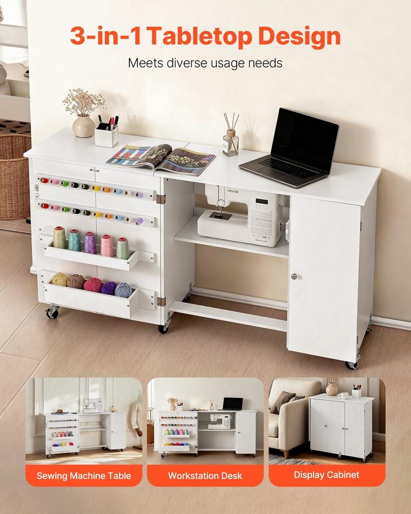 Folding Sewing Table, Multipurpose Sewing Machine Table with Cabinet, Compact Design, Wheels, Wooden Pegs, Storage Trays and Shelf, Magnetic Door,