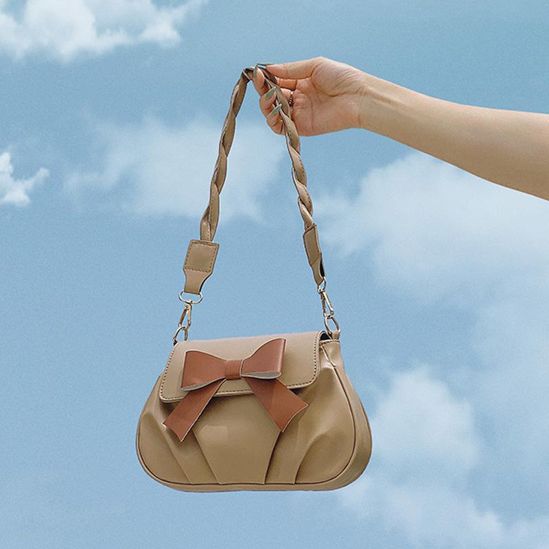 Bow Solid Color Small Bag Women's 2025 New Retro Fashion Pleated Casual Fashion Twist Shoulder Strap Oblique Span Bag