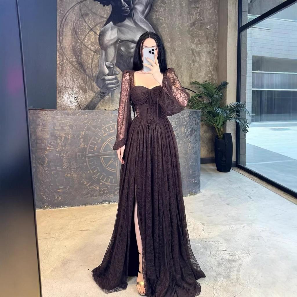 New Lace Waist Cinched Long Sleeve Maxi Dress, Elegant Evening Party Gown, European Style Long Dress for Women