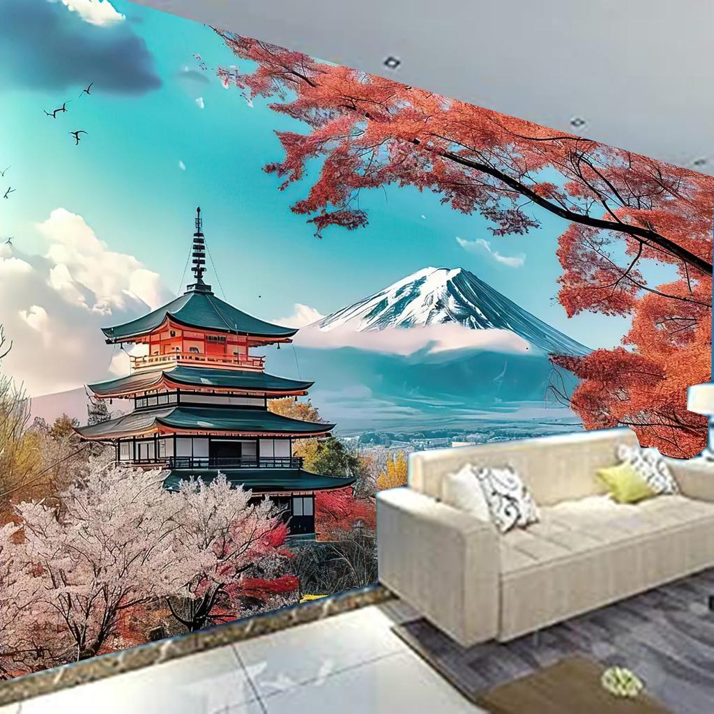 Mountain Tapestry Nature Forest Pink Cherry Blossoms for Bedroom Aesthetic Sunset Wall Hanging Orange and Green Landscape for