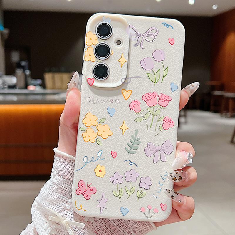 

Тонкий чехол для телефона с мультяшным цветочным принтом и бантом для Samsung S25 S24 FE S23 Ultra A36 A56 A16 A55 A26 A35, кожаная текстура, мягкий противоударный матовый чехол из ТПУ Samsung S25 Ultra белый/бежевый