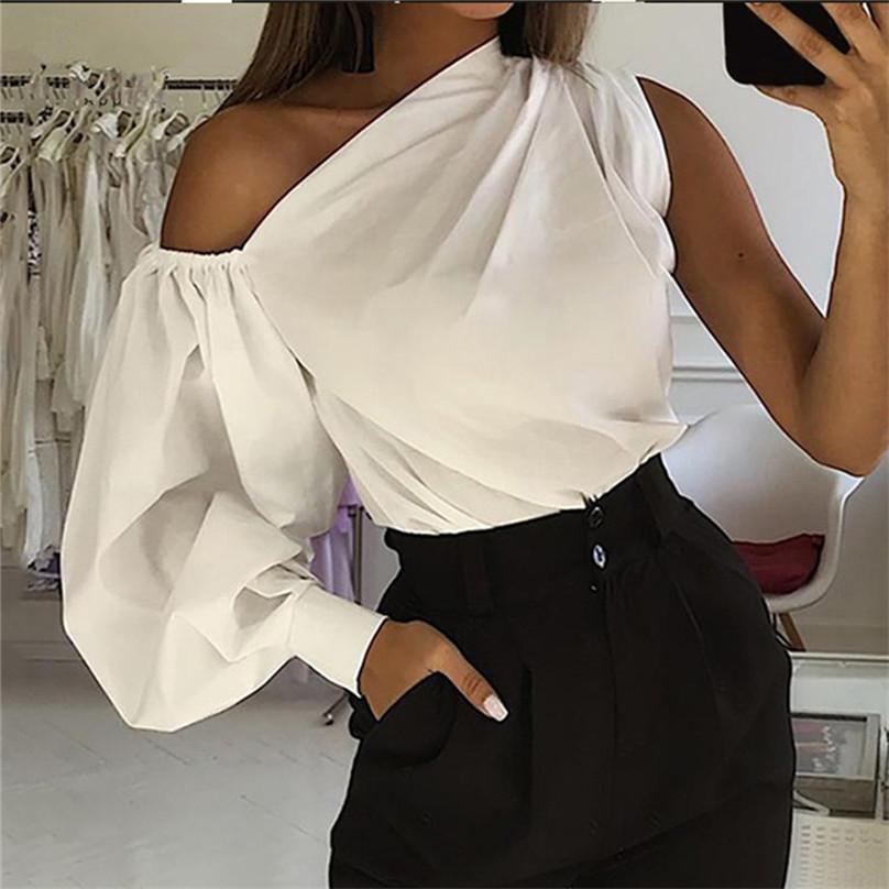 Women Fashion One-sleeve Loose and Thin Casual Slim Shirt Chic Solid Color Long-sleeved Asymmetrical Shirt