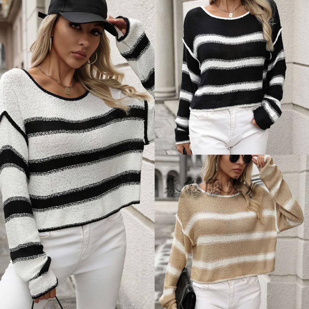Winter new European and American women's clothing crew neck color matching knitted sweater striped loose large size pullover sweater women