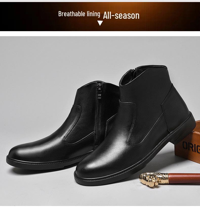 Men's Genuine Leather High-Top Side Zip Boots - Large Size, Plus Velvet Warm, Top Layer Cowhide, Fashionable for Autumn/Winter