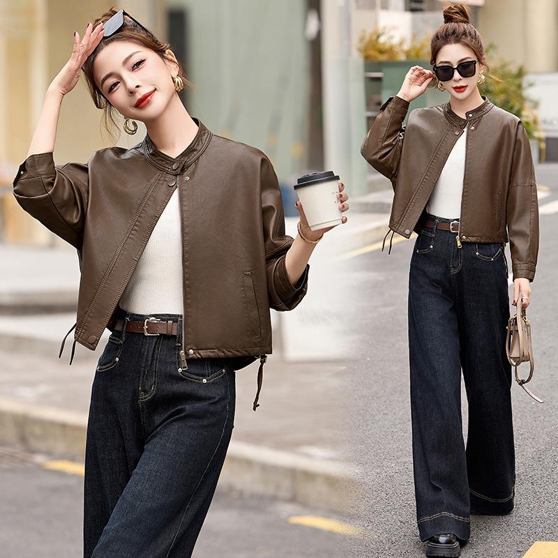 Women's Casual PU Leather Jacket with Stand Collar, Spring/Autumn 2025, Loose Fit, Small Size, XG9961