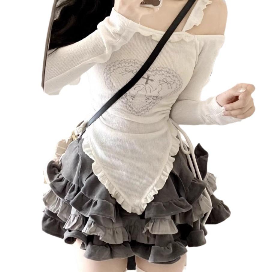 

Осенний японский кавайный комплект из двух предметов для женщин с милым принтом кролика, симпатичный костюм с юбкой, женский корейский тонкий топ, юбка-торт принцессы M белый