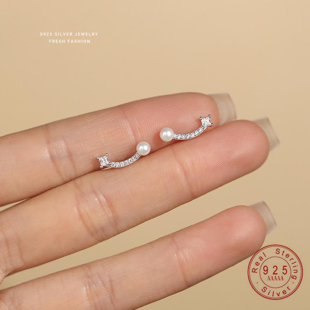 

925 Sterling Silver Creative Inlaid Pearl Zircon Stud Earrings for Women Exquisite Wedding Party Jewelry