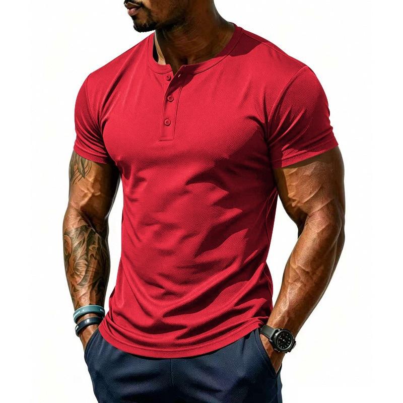 Men’s Summer Quick-Dry Mesh Henry-Neck T-Shirt – Casual Plain Short-Sleeved