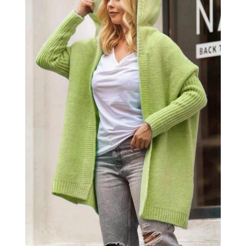 Pull en tricot à capuche chauve-souris surdimensionné pour femme 2026 Mélange d'acrylique doux Chic décontracté Tenue de bureau Longueur moyenne Ouverture sur le devant