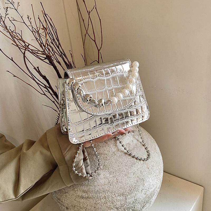 Pearl Simulated Fashion Decoration Crocodile Pattern Women Casual Square Bag