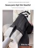 Women's High-Waist Woolen Pants - Fleece Lined, Wide-Leg, Slim Fit, Herringbone Pattern - Plus Size, Autumn/Winter 2024