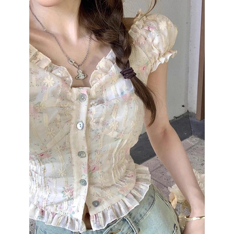 

Японские укороченные топы Kawaii Y2k, женские милые кружевные дизайнерские футболки с короткими рукавами и принтом, летняя французская мода, шикарная вечеринка XL