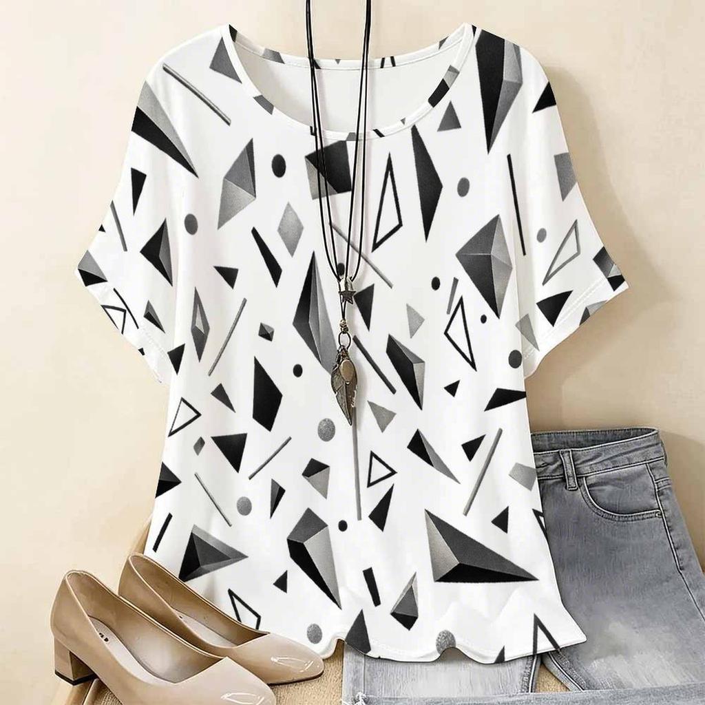 Women Plus Size Round Neck Batwing Short Sleeve Geometric Printed Loose White T Shirt