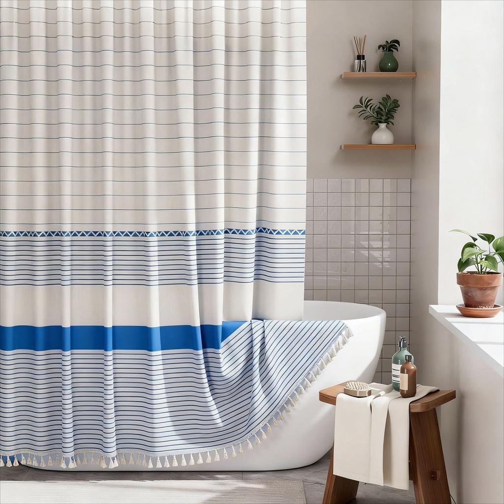 Simple Tassel Striped Bathroom Curtain – Printed Bamboo Joint Fabric, Privacy Shower Partition, Waterproof & Heavy Duty (Hooks Included)