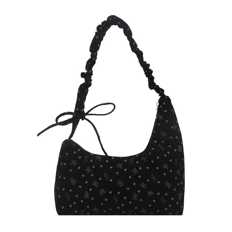 

Sweet Bow Heart Corduroy Shoulder Bags for Women Casual Ladies Pleated Drawstring Crossbody Bag Lightweight Portable Handbag чёрный