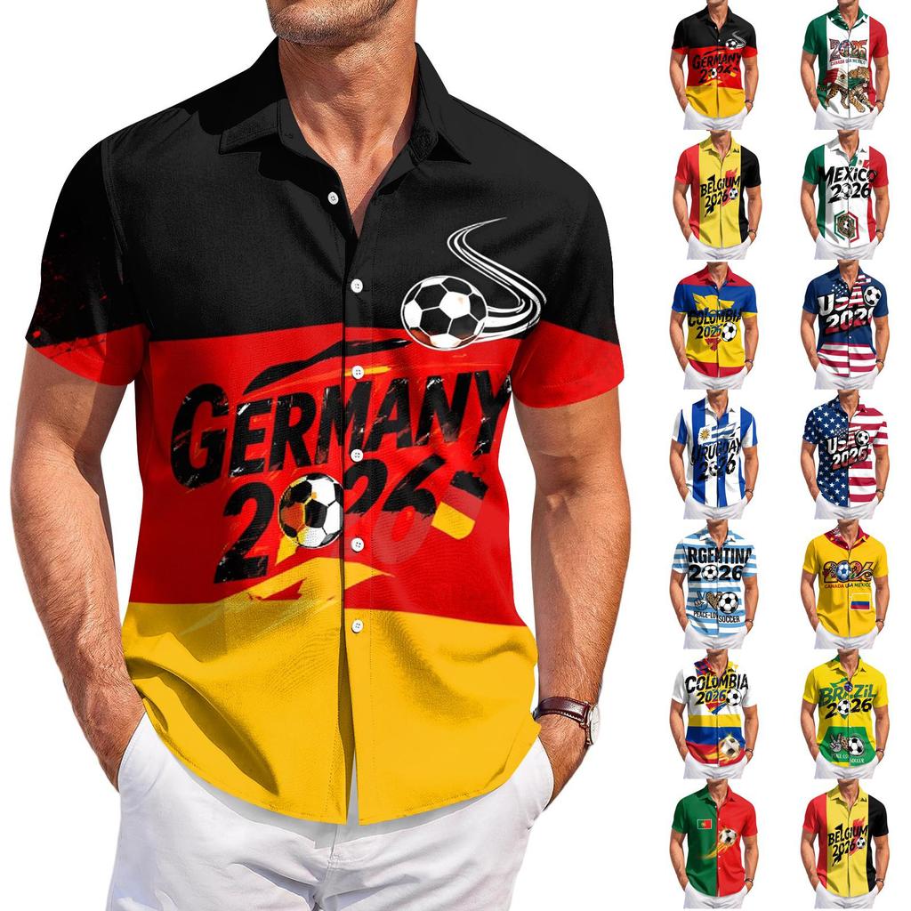 Men’s Short Sleeve Button Down Shirt with Soccer Print Casual Striped Design Lightweight Material Relaxed Fit for Daily Wear