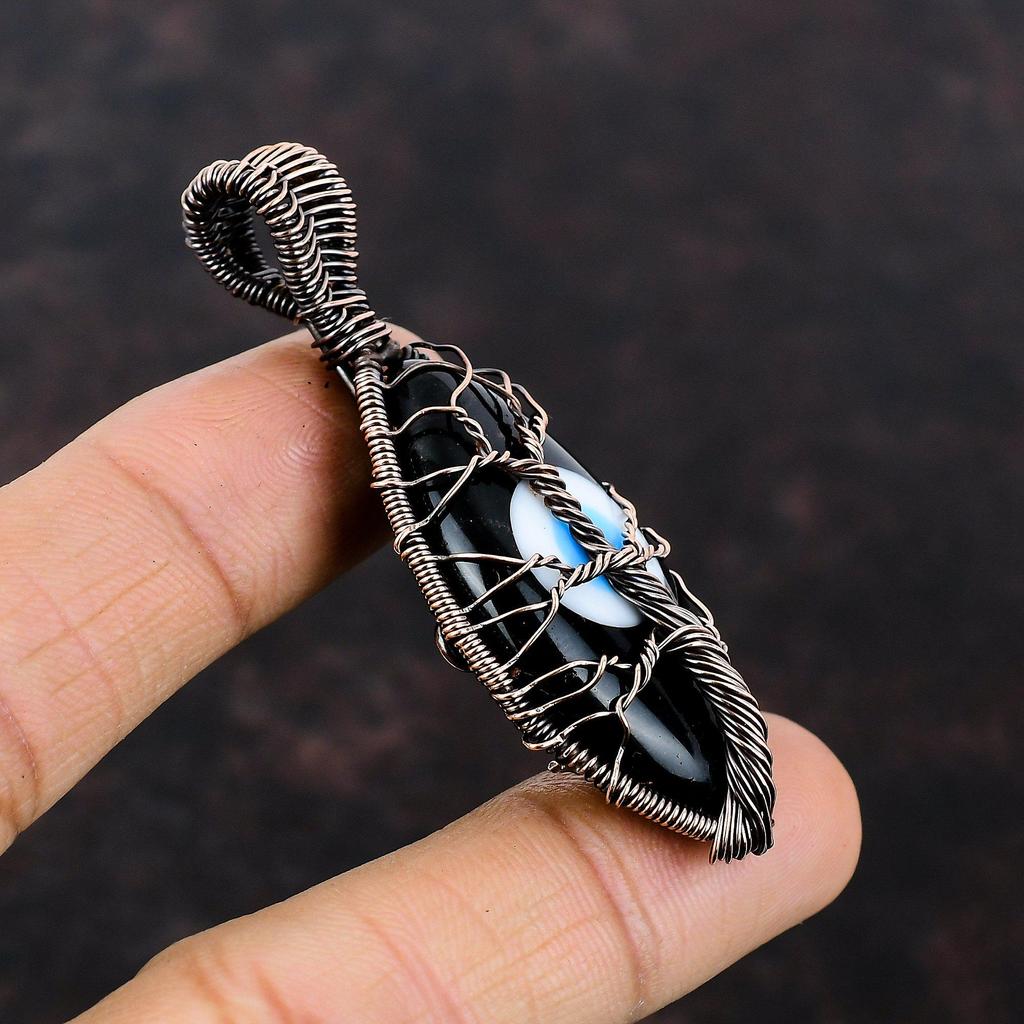 Tree Of Life Black Color Evil Eye Pendant Copper Wire Wrapped Jewelry Gemstone Pendant Copper Wire Pendant Anniversary Gift Handmade Pendant