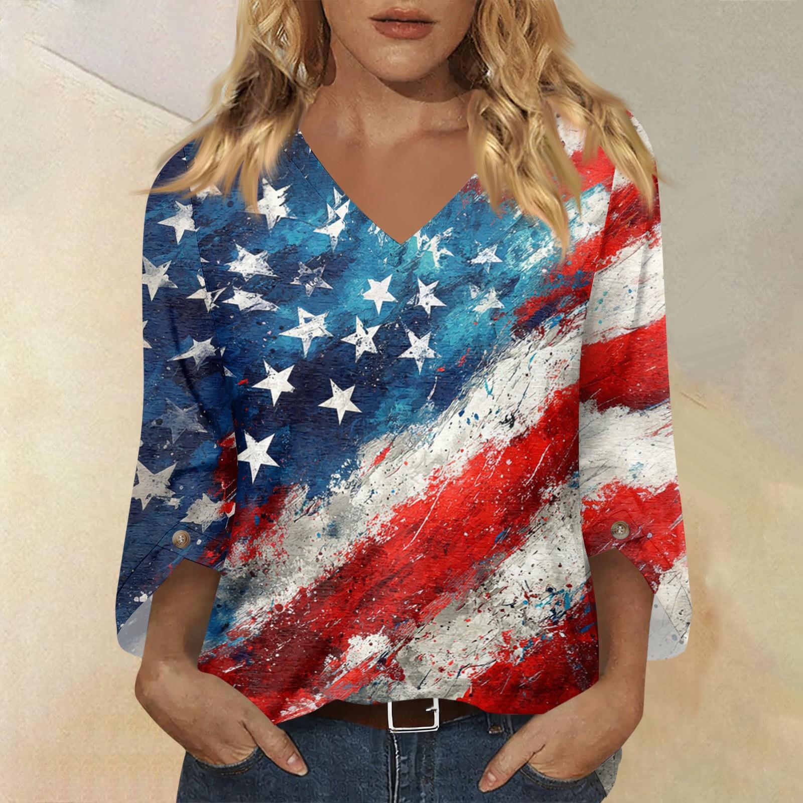

Women’s Fashion Casual V Neck Three Quarter Sleeve Top with Independence Day Flag Print Loose Fit Comfortable Blouse for Daily Wear XXL