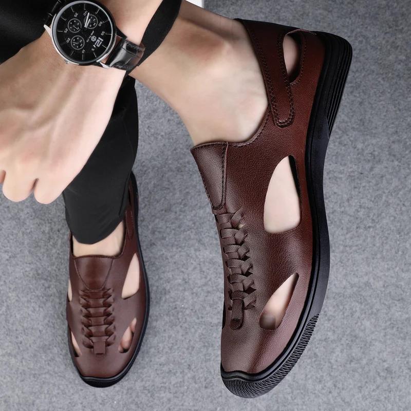 Fashion Summer Business Men's Sandals Toe Wrapped Sandals Leather Soft Casual Shoes Hollow Out Beach Sandals Comfortable Male Sandalia