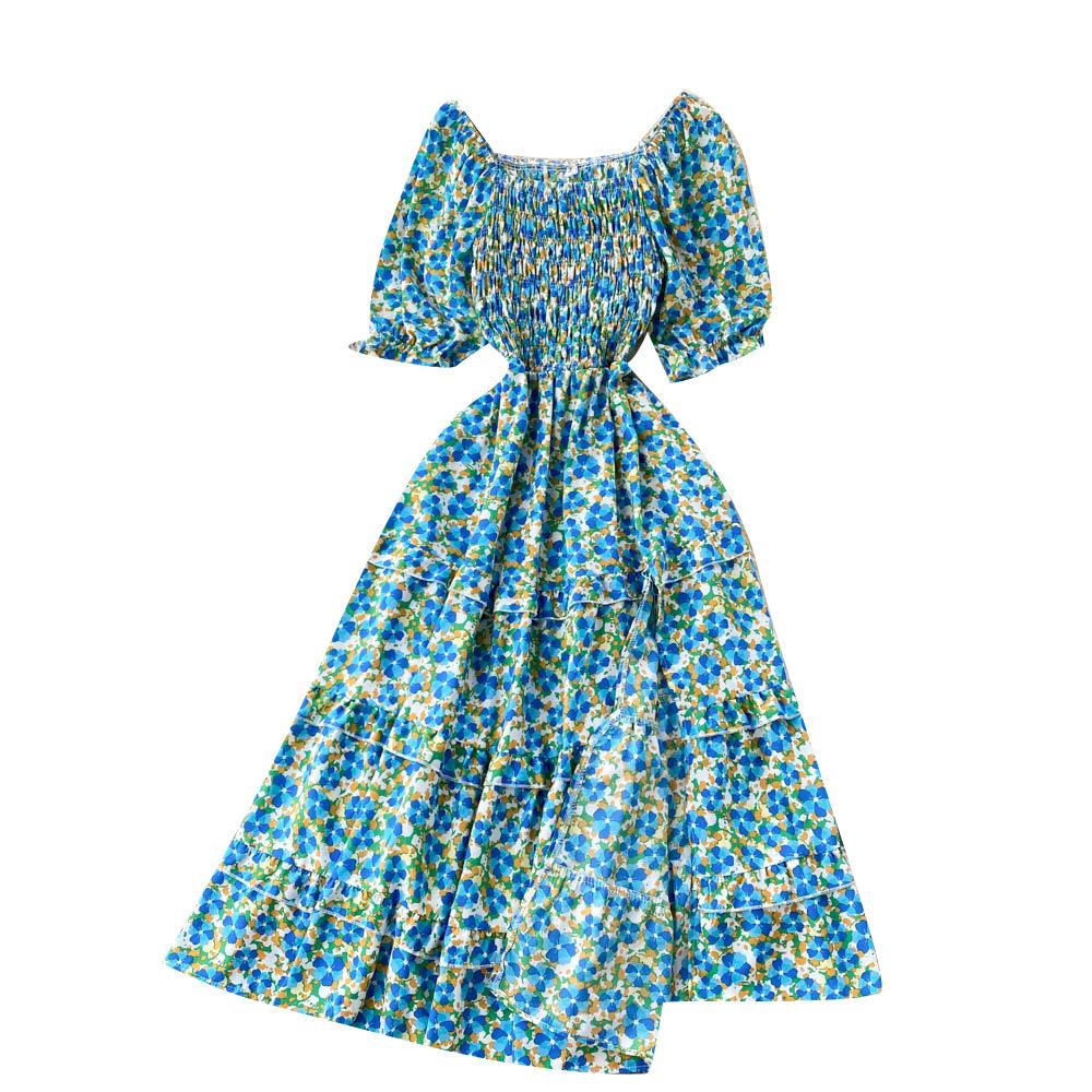 Women's Chic Sweet Slim Square Neck Bubble Sleeve Floral Dress Super Fairy Temperament A-line Dress